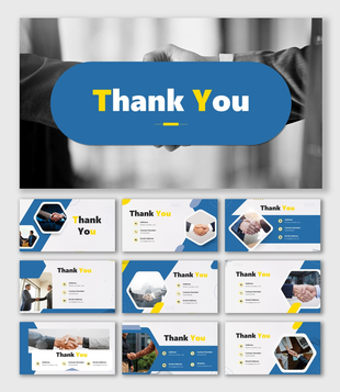 Thank you slide with a blue banner and yellow text overlaying a professional handshake background.