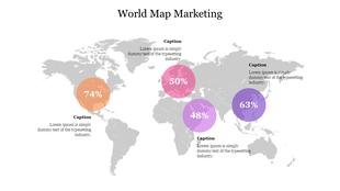 World map highlighting four regions with percentage circles, with placeholders text for additional information.