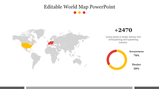 World map PowerPoint slide with highlighted countries USA, Germany, a number counter, and a pie chart on a white theme.