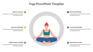 A Yoga PowerPoint slide with a central image of a person practicing yoga, surrounded by benefits with placeholder text.