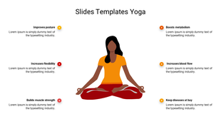 Yoga template showcasing an illustration of a woman in a pose, with text boxes highlighting its benefits.