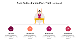 Woman performing yoga in a seated position with four colorful circular icons in red tones, labeled A to D with text below.