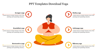 Slide with an illustration of a person meditating in the center, with six yoga categories in red and yellow theme.