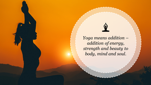 Silhouette of a person in a yoga pose at sunset, with a white circular text box on the right.