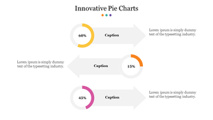 Three-part pie chart infographic with colored segments, arrows pointing to text placeholders, and varied percentage values.