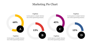 Four segmented doughnut charts in yellow, red, purple, and blue with black circular labels, percentage values, and captions.