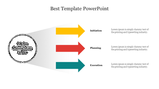Template with a black circle on the left and three colored arrows extending to labeled sections with placeholder text.