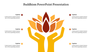 Buddhism themed PowerPoint slide featuring a colorful lotus flower design with hand symbols and captions.