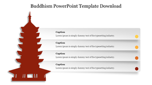 Buddhism themed slide with a red pagoda silhouette on the left and four horizontal captions with gradient dots on the right.