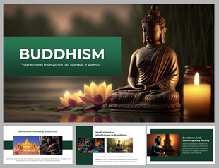 A pack of buddhism slides featuring a serene Buddha statue and a lotus flower with a calming quote about inner peace.
