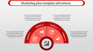 Marketing plan template featuring a wheel with icons for various steps in the process and placeholder text.