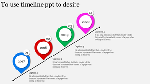 Timeline slide with a diagonal line and four colorful location markers in blue, red, green, and pink, labeled 2017 to 2020.