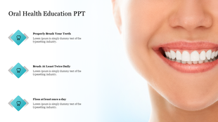 Oral health slide featuring a close up of a smiling person with healthy white teeth, alongside dental hygiene tips.