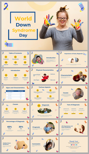 Young girl holding up painted hands, with world down syndrome day text and blue-yellow ribbon illustration.
