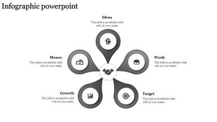 Circular infographic with gray petal nodes representing ideas, money, work, growth, and target around a handshake.
