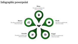 Infographic slide with a handshake icon at the center and five green petals labeled Ideas, Money, Work, Growth, and Target.