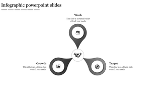 Infographic slide with three gray petal shaped nodes around a handshake icon, labeled as work, growth, and target.