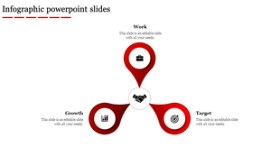 Infographic slide with three red petal shaped nodes around a handshake icon, labeled as work, growth, and target.