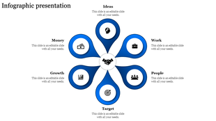 Circular infographic with handshake symbol at the center, surrounded by six blue petals featuring various icons.