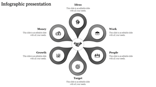 Gray themed infographic with six curved shapes radiating symmetrically around a central handshake symbol.