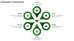 Business infographic with handshake icon and six green petal nodes for ideas, money, work, people, growth, and target.