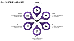 Circular layout with six purple petals around a handshake icon, representing key elements on a white background.