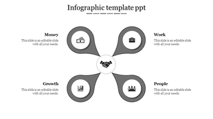 Circular infographic with gray petal nodes representing money, work, growth, and people around a handshake.