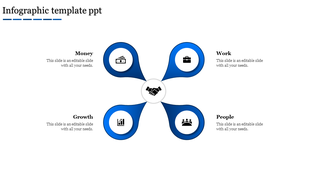 Circular layout with four blue petal shapes extending outward from a white center circle on a light background.