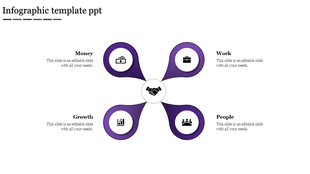 Circular infographic with purple petal nodes representing money, work, growth, and people around a handshake.