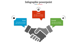 Infographic slide with handshake graphic and colored speech bubbles for work, target, and growth.