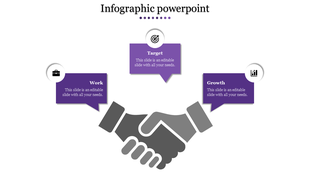 Infographic slide with handshake graphic and purple speech bubbles for work, target, and growth placed in a white backdrop.