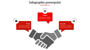 Infographic PowerPoint slide showing a handshake icon with three red labels Work, Target, and Growth with placeholder text.