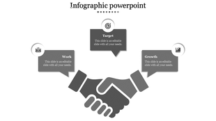 Gray handshake graphic in the center, linked to three text boxes above, each with icons.