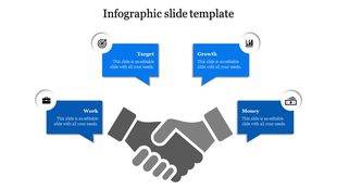 Handshake icon in the center with speech bubbles above and below, illustrating key business elements in a blue theme.
