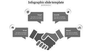 Infographic PPT slide featuring a handshake graphic in the center and four gray speech bubbles with icons.