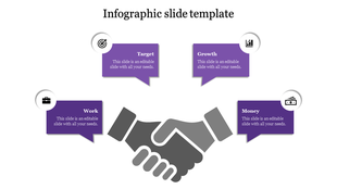 Business infographic featuring a handshake symbol with four purple boxes containing target, growth, work, and money icons.