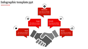 Infographic PPT slide with a central handshake graphic surrounded by five red speech bubbles with icons and placeholder text.