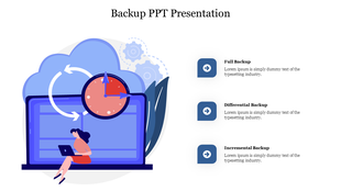 Blue themed illustration showing a woman by a laptop, with a cloud and clock symbol, alongside three backup types.