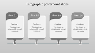 Gray infographic with four step cards arranged horizontally, each with captions and connected by a line and markers.