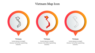 Three Vietnam map icons in red gradient circular markers with one highlighted featuring a yellow star.