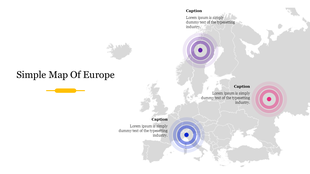 Map of Europe with three colorful target markers and placeholder text areas placed in a white backdrop.
