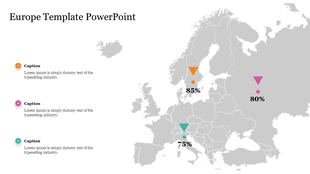 Map of Europe with three percentage markers and captions, featuring orange, pink, and teal location indicators.