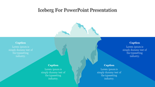 Iceberg infographic with four triangular caption block in shades of blue surrounding a central iceberg above and below water.