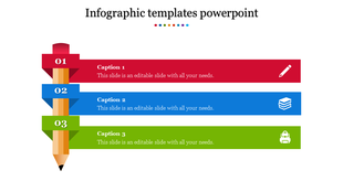 Pencil design infographic with three horizontal segments in red, blue, and green, each with captions and icons.