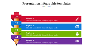 Infographic template featuring a stacked pencil design with red, blue, green, and purple sections and captions.