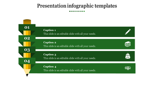 Fourstep infographic with green sections forming a pencil shape linked to captions areas and icons.