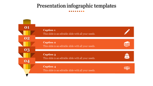 Infographic style presentation template with a pencil illustration and four numbered sections and icons with text area.