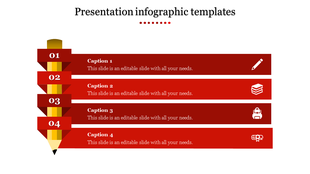 Vertical infographic with a pencil motif and four red blocks labeled with numbers and icons.