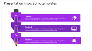 Four step infographic template with pencil on the left and purple banners for numbered captions and icons.