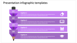 Infographic PPT slide with a pencil shaped design dividing four purple sections, each with captions and icons.